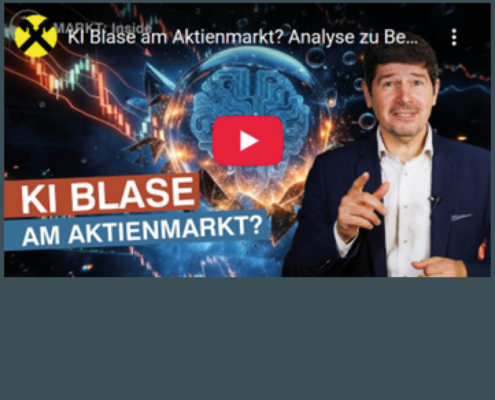 Sprecher Valentin Hofstätter im Casual Anzug dahinter ein Bild welches eine KI Blase darstellen soll